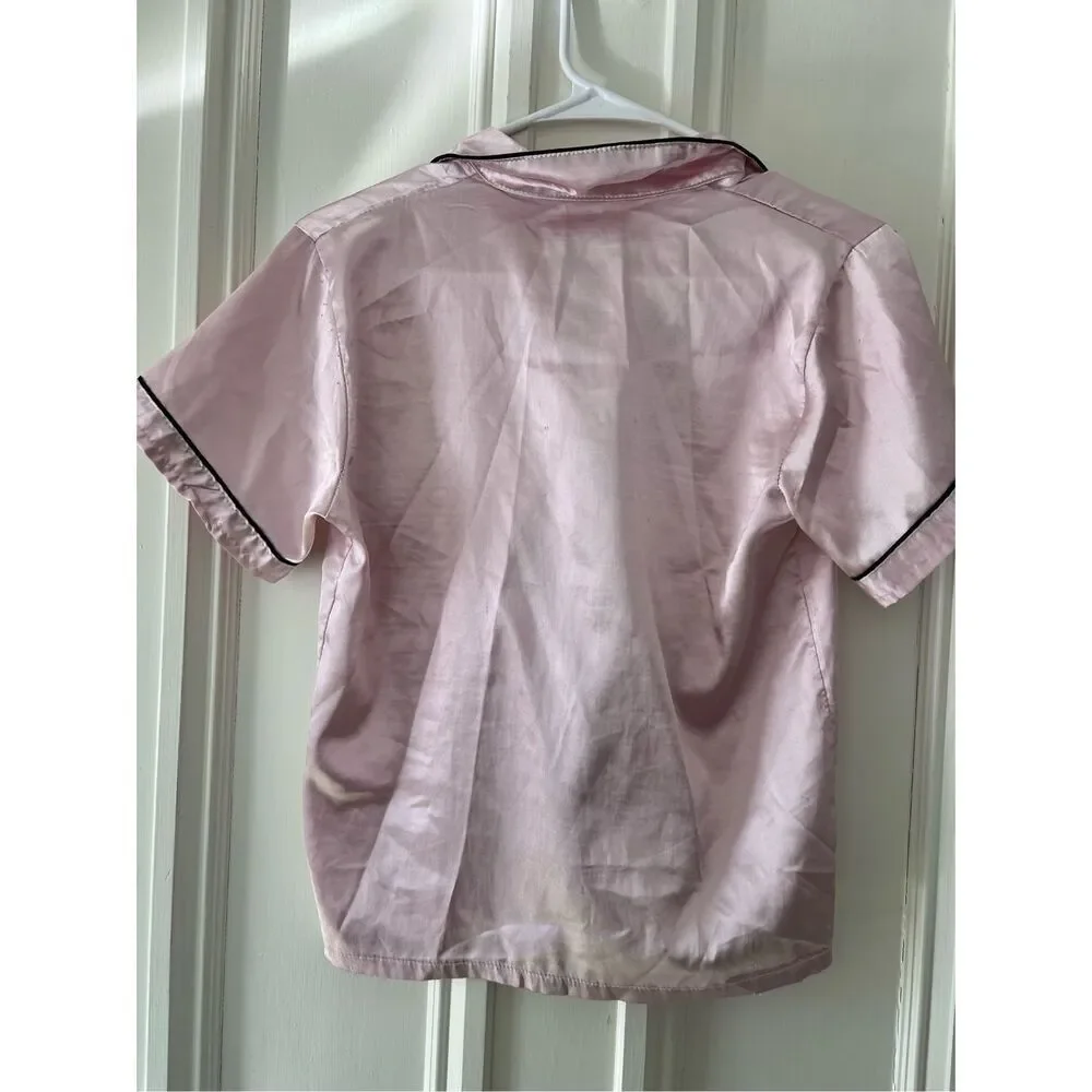 SHEIN pink and black trim girls satin short sleeve pajamas 18